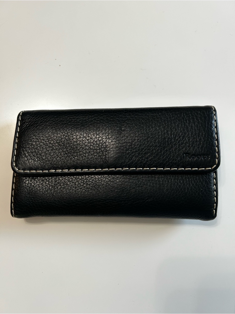 Roots Black Leather Fold Wallet with White Stitching